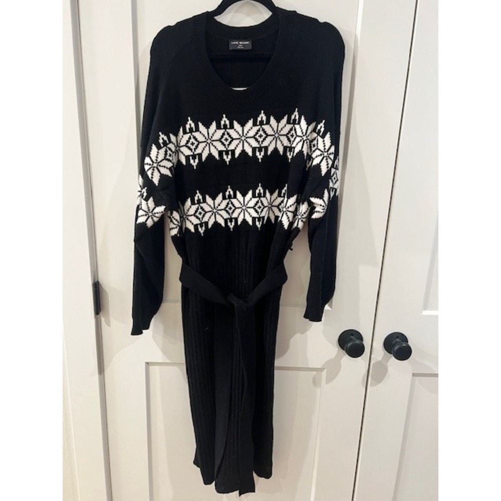 Lane Bryant Black White Fair Isle Sweater Dress Plus Size 18/20 Belted Midi Knit